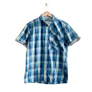 Bench Mens Casual Shirt Button Down Short Sleeve Plaid Blue Size Large